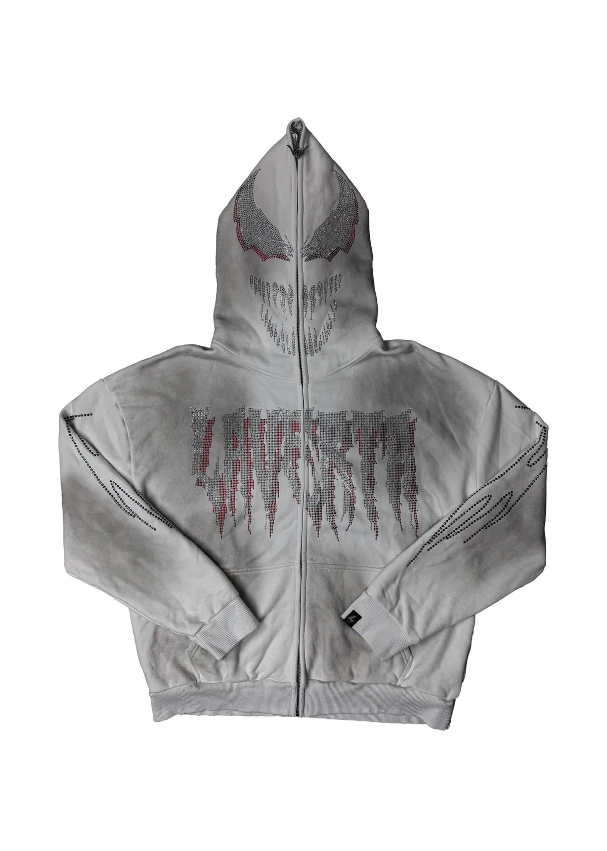 LAVERTA White Rhinestones Full Zip Hoodie - White / Red