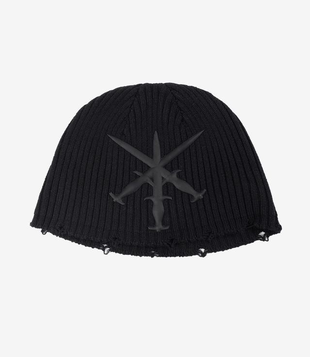 Unknown London Dagger Distressed Knit Beanie Black