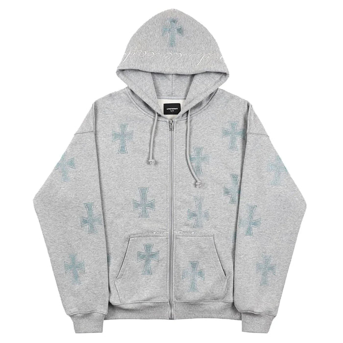 UNKNOWN Grey / Baby Blue Crosses Zip Hoodie