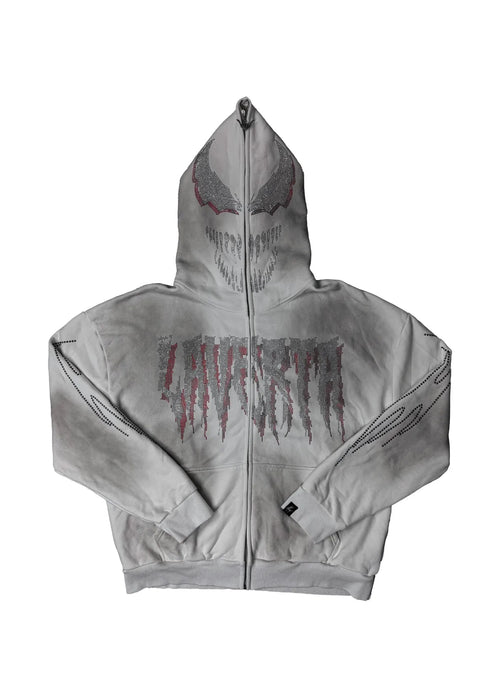 LAVERTA White Rhinestones Full Zip Hoodie - White / Red