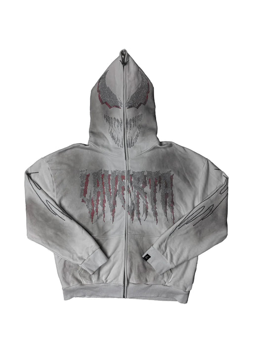LAVERTA White Rhinestones Full Zip Hoodie - White / Red
