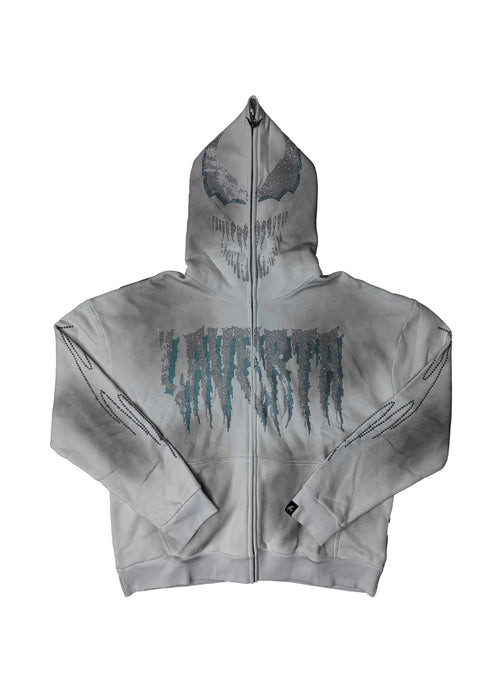 LAVERTA White Rhinestones Full Zip Hoodie - White / Blue