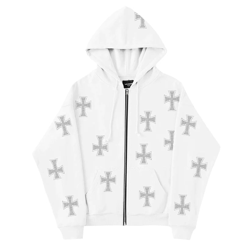 UNKNOWN Cross Rhinestone Zip Hoodie White